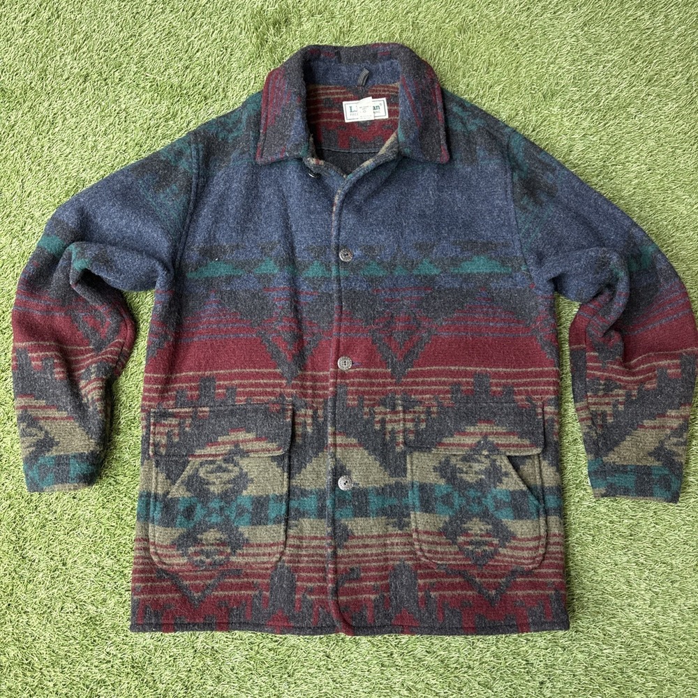 Vtg LL Bean Jacket Mens L Wool Barn Coat 80s Aztec Southwest Tribal Chore Ranch
